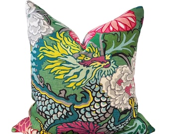 Schumacher Chiang Mai Dragon Pillow Cover in Jade, Chinoiserie Pillow, High End, Designer Pillow Cover in Linen, Single or Double Sided