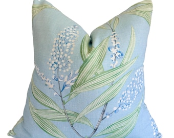 Thibaut Winter Bud Pillow in Light Blue, Designer Floral Accent Pillow, Sky Blue and Green Euro Pillow Cover, Soft Blue Throw Cushion