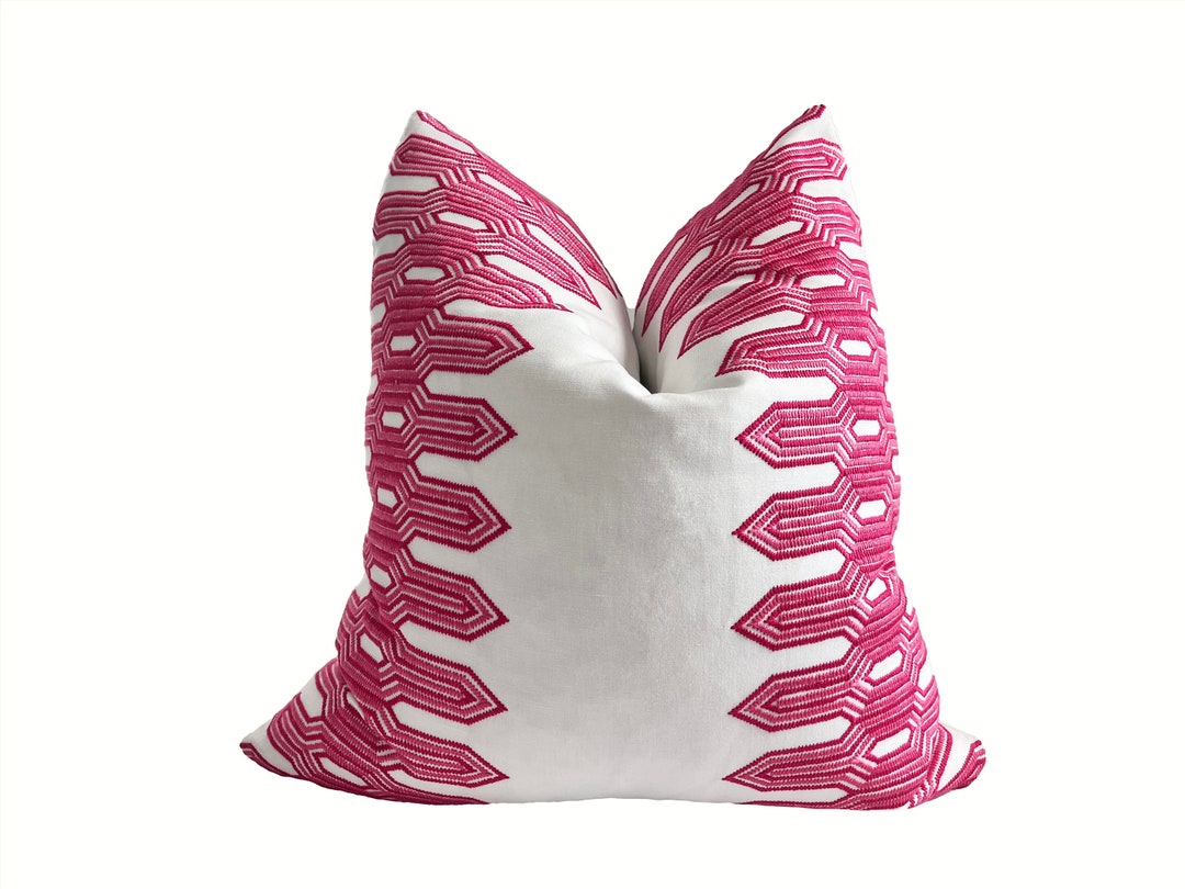 Luxury Pink Pillow Cover, Thibaut Pillow Pink & White, Embroidered Pink