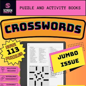 Könnte beinhalten: Ein gelber und orangefarbener Umschlag für ein digitales Kreuzworträtselbuch. Der Umschlag zeigt den Text "Crosswords" in einer großen, fetten Schrift. Der Umschlag enthält auch den Text "Jumbo Issue" und "Now! 113 Puzzles". Der Umschlag ist für die Verwendung mit dem Kindle Scribe und dem iPad konzipiert.