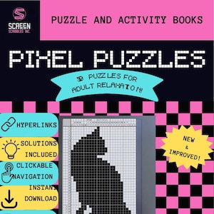 Peut inclure: Un livre de puzzles numériques en pixels avec un motif de chat noir. La couverture présente le texte "Pixel Puzzles" et "3D Puzzles pour la détente des adultes !" avec des fonctionnalités PDF interactives. Le fond est à carreaux roses et noirs.