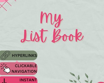 May include: A pink and green digital planner with the text "my List Book" in pink. The planner features hyperlinks, clickable navigation, instant download, and write-on erase and re-use features.