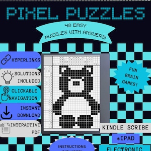 Puede incluir: Una descarga digital de 48 rompecabezas de píxeles fáciles para niños. Los rompecabezas presentan una ilustración de un oso en blanco y negro. Los rompecabezas son compatibles con iPad, Kindle Scribe y tabletas electrónicas con lápices. Se incluyen las soluciones.