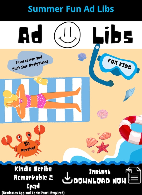 Summer Fun Ad Libs for Kids Kindle Scribe Remarkable 2 iPad 