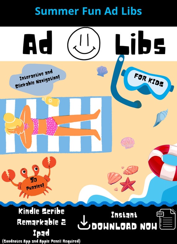 Summer Fun Ad Libs for Kids Kindle Scribe Remarkable 2 iPad 