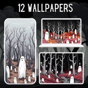 12 Spooky Ghosts Wallpaper Bundle Halloween Haunted Forest Wallpaper Clipart Desktop Wallpaper Phone Wallpaper Cute Kawaii Watercolor Bundle