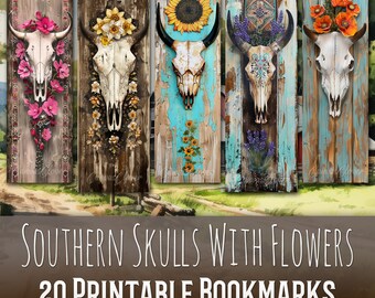20 Cow Skulls With Flowers Bookmark Bundle, Sublimation Design, Farm, Bookmark Set, Print & Cut, Bundle, JPG PNG Bundle, Commercial Use