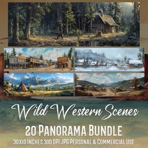 Può includere: Un pacchetto di arte digitale di 20 scene panoramiche western. Le scene presentano una varietà di paesaggi, tra cui foreste, montagne e città. Le scene sono tutte in uno stile realistico e sono perfette per l'uso in progetti di arte digitale.
