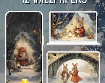 Pode incluir: Um conjunto de 12 papéis de parede temáticos de inverno com ilustrações de coelhos em paisagens nevadas. As imagens incluem um coelho lendo um livro em uma barraca aconchegante, um coelho segurando uma xícara de chá em uma floresta nevada e dois coelhos em pé sob uma ponte.