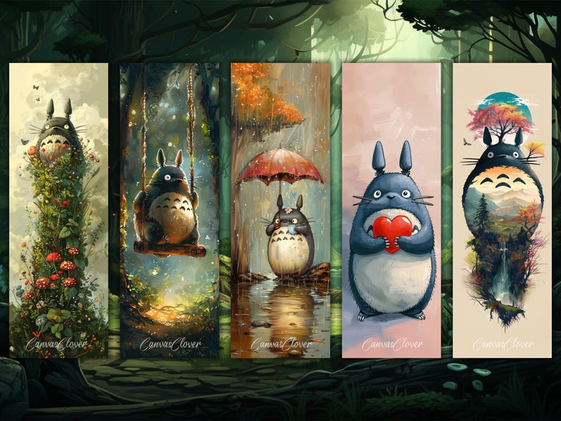 May include: Five different illustrations of a cartoon character, Totoro, in various settings. The first image shows Totoro standing on a green, leafy stalk with red mushrooms. The second image shows Totoro on a swing in a forest setting. The third image shows Totoro holding an umbrella in a rainy forest. The fourth image shows Totoro holding a red heart in a pink background. The fifth image shows Totoro standing in a forest with a waterfall and a red tree.