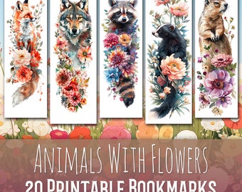 20 Animals With Colorful Flowers Bookmark Bundle, Sublimation Design, Bookmark Set, Print & Cut, Bundle, JPG PNG Bundle, Commercial Use