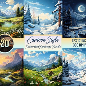 20 - Cartoon Style Switzerland Landscape Bundle, Clipart, Digital Art, Winter Scenes, Printable, Scrapbooking Paper, Cozy, Commercial Free