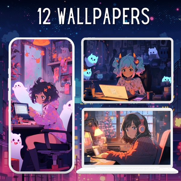 12 Lofi Study Girls Wallpaper Bundle, Lofi Wallpaper,Desktop Wallpaper, Mobile Phone Wallpaper, Instant Download, Cute, Anime Clipart Bundle