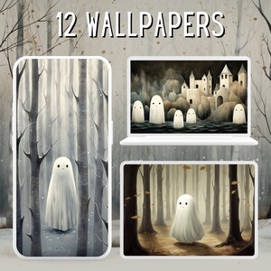 Puede incluir: Un conjunto de 12 fondos de pantalla digitales que presentan una escena de bosque espeluznante con fantasmas blancos. Los fondos de pantalla están disponibles en diferentes tamaños y se pueden usar en una variedad de dispositivos.