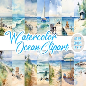 50 Ocean Clipart Bundle, Watercolor Seaside, Digital Art, Paper, Summer Beach, Printable, Scrapbooking Paper, Seascapes, Commercial Free