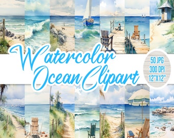 50 Ocean Clipart Bundle, Watercolor Seaside, Digital Art, Paper, Summer Beach, Printable, Scrapbooking Paper, Seascapes, Commercial Free