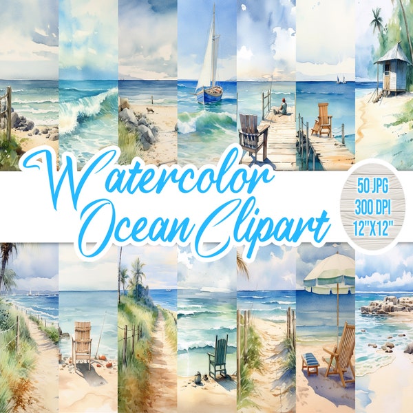 50 Ocean Clipart Bundle, aquarel kust, digitale kunst, papier, zomerstrand, afdrukbaar, scrapbookingpapier, zeegezichten, commerciële gratis