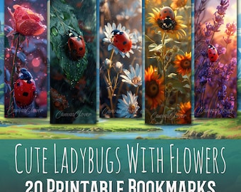 20 Cute Ladybugs Bookmark Bundle, Sublimation Design, Landscape, Flowers, Bugs, Bookmark Set, Print & Cut, JPG PNG Bundle, Commercial Use