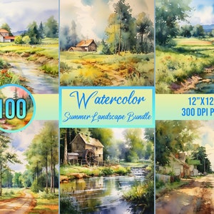 100 枚の夏の風景バンドル、水彩風景、デジタル アート、ジャーナル ペーパー、印刷可能、スクラップブッキング ペーパー、商用フリー