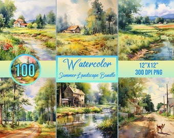 100 Summer Landscape Bundle, Watercolor Landscapes, Digital Art, Journal Paper, Printable, Scrapbooking Paper, Commercial Free