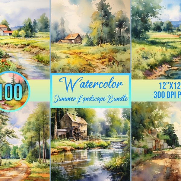 Lot de 100 paysages d'été, aquarelles de paysages, art numérique, papier pour journal, imprimable, papier de scrapbooking, publicité gratuite