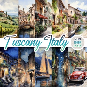 50 Toscane Italië bundel, aquarel landschap, digitale kunst, landschap clipart, afdrukbaar, scrapbooking papier, zomer, commerciële gratis