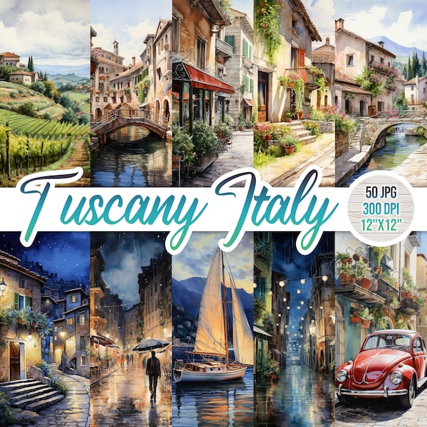 50 Toskana Italien Bundle, Aquarell Landschaft, digitale Kunst, Landschaft Clipart, bedruckbar, Scrapbooking Papier, Sommer, kommerziell kostenlos