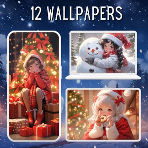 12 Lindo paquete de fondos de pantalla de chicas navideñas Fondo de pantalla de vacaciones Fondo de escritorio Fondo de pantalla del teléfono Kawaii Clipart Fondo de pantalla de invierno Salvapantallas