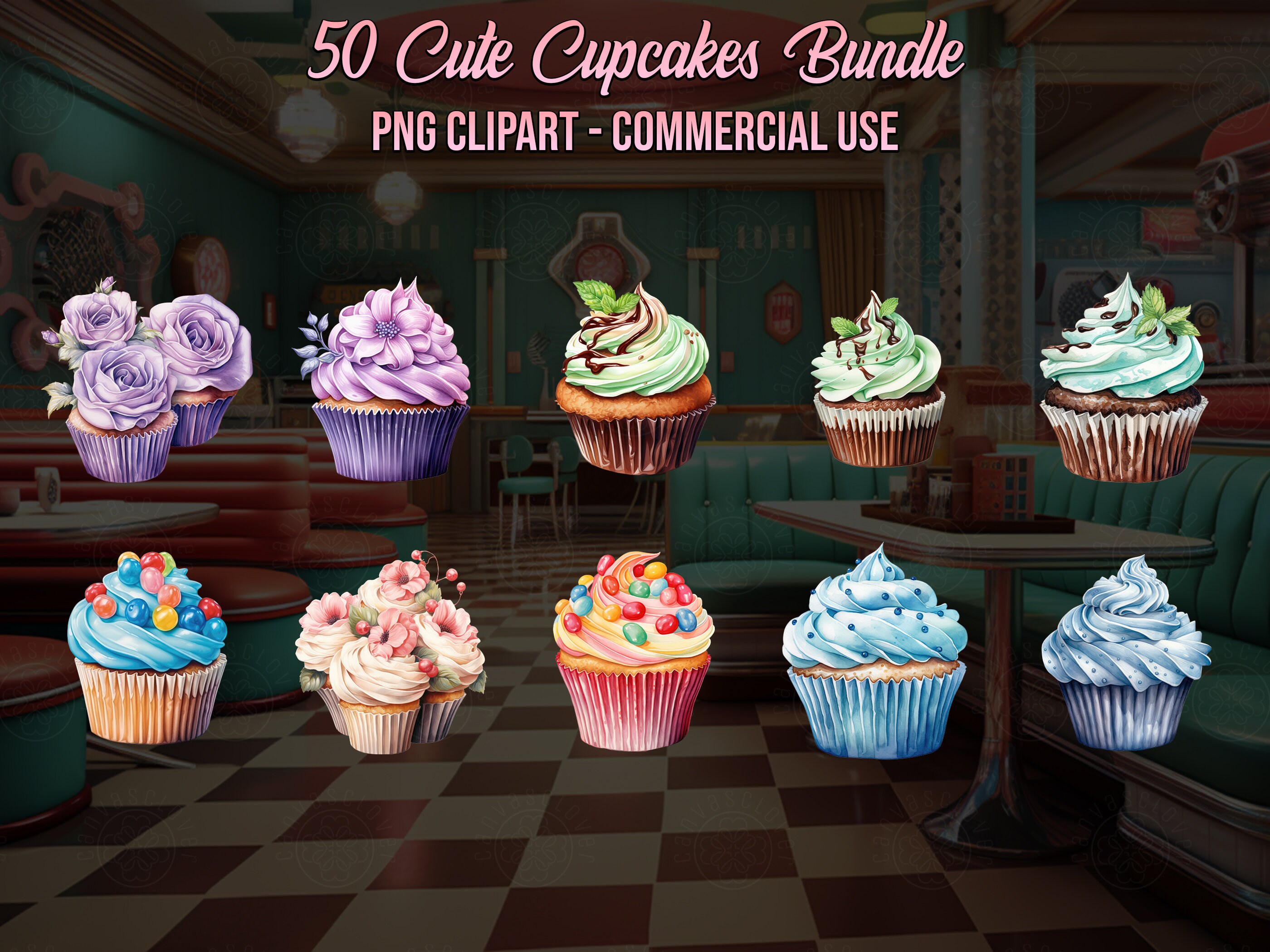 50 Cute Cupcakes Watercolor Clipart Digital Art Sweets - Etsy