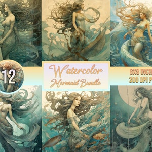 12 Mermaid Clipart, Digital Paper, Cute Art, Paper Craft, JPG Mermaid Theme, Junk Journal, Digital Download, Gift,  Free Commercial
