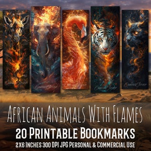 Puede incluir: Conjunto de 20 marcapáginas imprimibles con animales africanos envueltos en llamas. Cada marcapáginas mide 5,1 cm por 15,2 cm y 300 DPI. Los animales incluyen una jirafa, un elefante, un flamenco, un tigre y una pantera.
