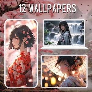 12 Lindo Kawaii Kimono Girls Wallpaper Bundle Fondo de pantalla de verano Escritorio 4K Fondo de pantalla Fondo de pantalla de teléfono Fondo de pantalla de flor de cerezo Lindo protector de pantalla