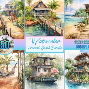 50 Tropical Beach Bundle, Aquarell Meer, digitale Kunst, Papier, Sommer Strand, bedruckbar, Scrapbooking Papier, Seelandschaften, kommerziell frei