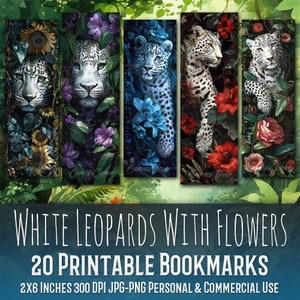Puede incluir: Conjunto de 20 marcapáginas imprimibles con leopardos blancos con flores de colores. Cada marcapáginas mide 5,1 cm por 15,2 cm y 300 DPI. Los marcapáginas están disponibles en formatos JPG y PNG. Uso personal y comercial.