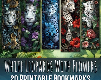 20 White Leopards With Flowers Bookmark Bundle, Sublimation Design, Bookmark Set, Print & Cut, Bundle, JPG PNG Bundle, Commercial Use