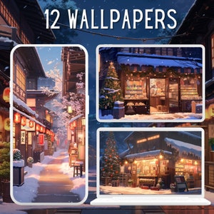 12 Japanese Christmas Shops Wallpaper Bundle, Holiday Wallpaper, Studio Ghibli Clipart, Desktop Wallpaper, Phone Wallpaper, Kawaii Wallpaper