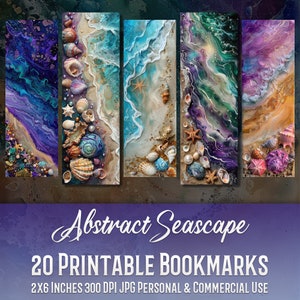 May include: Set of 20 printable bookmarks featuring abstract seascapes with seashells, starfish, and ocean waves in shades of purple, blue, green, and gold. 2x6 inches, 300 DPI JPG, personal and commercial use.