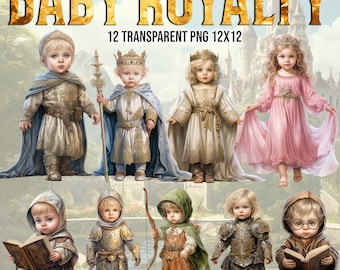 Watercolor Baby Royalty Clipart Bundle, Medieval King Queen PNG (Digital Art)