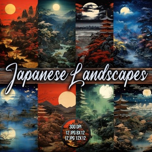 Op de afbeelding: Twaalf digitale illustraties van Japanse landschappen met pagodes, bergen, rivieren en manen. De afbeeldingen zijn in een collage-opstelling met een houten frame en de tekst "Japanse Landschappen" onderaan.
