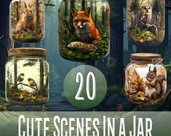 20 Cute Nature Scenes In a Jar Sticker Bundle, Sublimation Design, Animals, Summer, Spring, File, Print & Cut, PNG Bundle Commercial Use