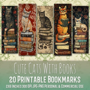 Lot de 20 marque-pages mignons chats damassés, sublimation, chatons, livres, fleurs, ensemble de marque-pages, impression et découpe, JPG PNG Bundle, usage Commercial