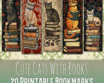 20 Cute Damask Cats Bookmark Bundle, Sublimation Design, Kittens, Books, Flowers, Bookmark Set, Print & Cut, JPG PNG Bundle, Commercial Use