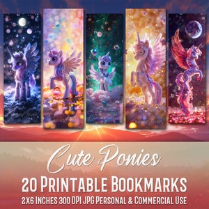 20 Cute Colorful Ponies Bookmark Bundle, Sublimation Design, Watercolor Clipart, Bookmark Set, Print & Cut, JPG Bundle, Commercial Use