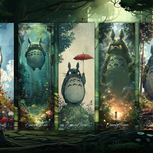 May include: Five digital art prints featuring a cartoon character named Totoro from the animated film My Neighbor Totoro. The prints are in a forest setting with different backgrounds and Totoro in different poses.