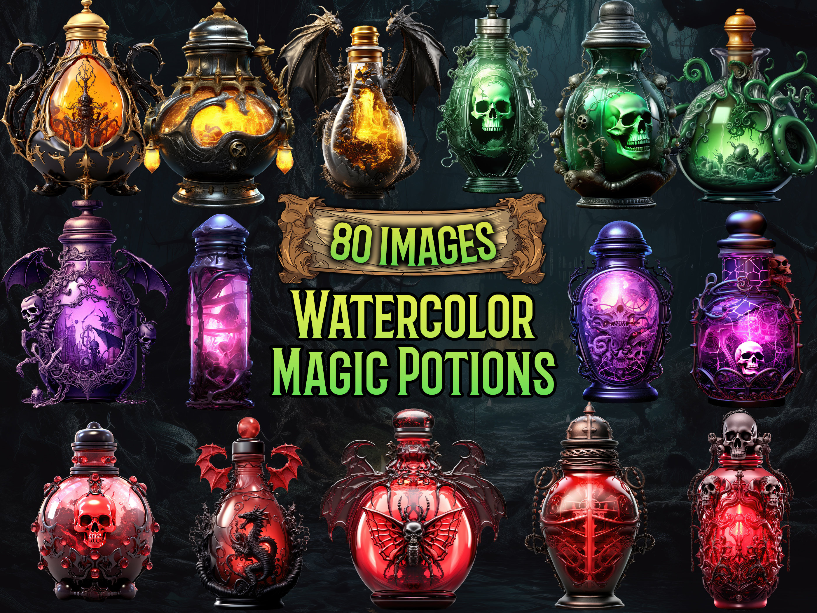Spooky Magic Potion Bundle - 80 PNG, Halloween Clipart, Fantasy Graphics, Junk Journal, Transparent Art, Instant Download, Commercial Use