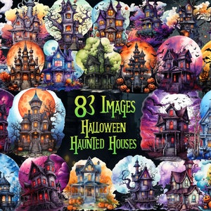Halloween Haunted House Watercolor Clipart Bundle - 83 PNG Images, Instant Download, Spooky Art, Scary Houses, Scary Decor, Commercial Use