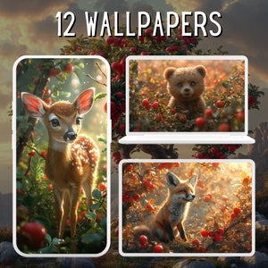 Pacote de papel de parede de 12 animais bonitos da floresta, macieira, papel de parede, papel de parede de mesa, papel de parede de telefone, clipart caprichoso, clipart sazonal