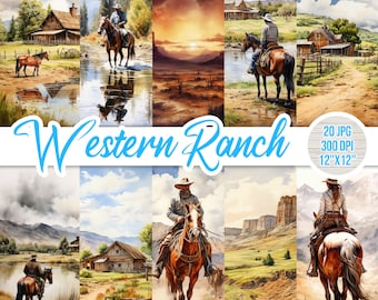 20 Western Ranch Bundle, Watercolor Western, Digital Art, Paper, Western Clipart, Printable, Scrapbooking Paper, Cute, Gift, Commercial Free