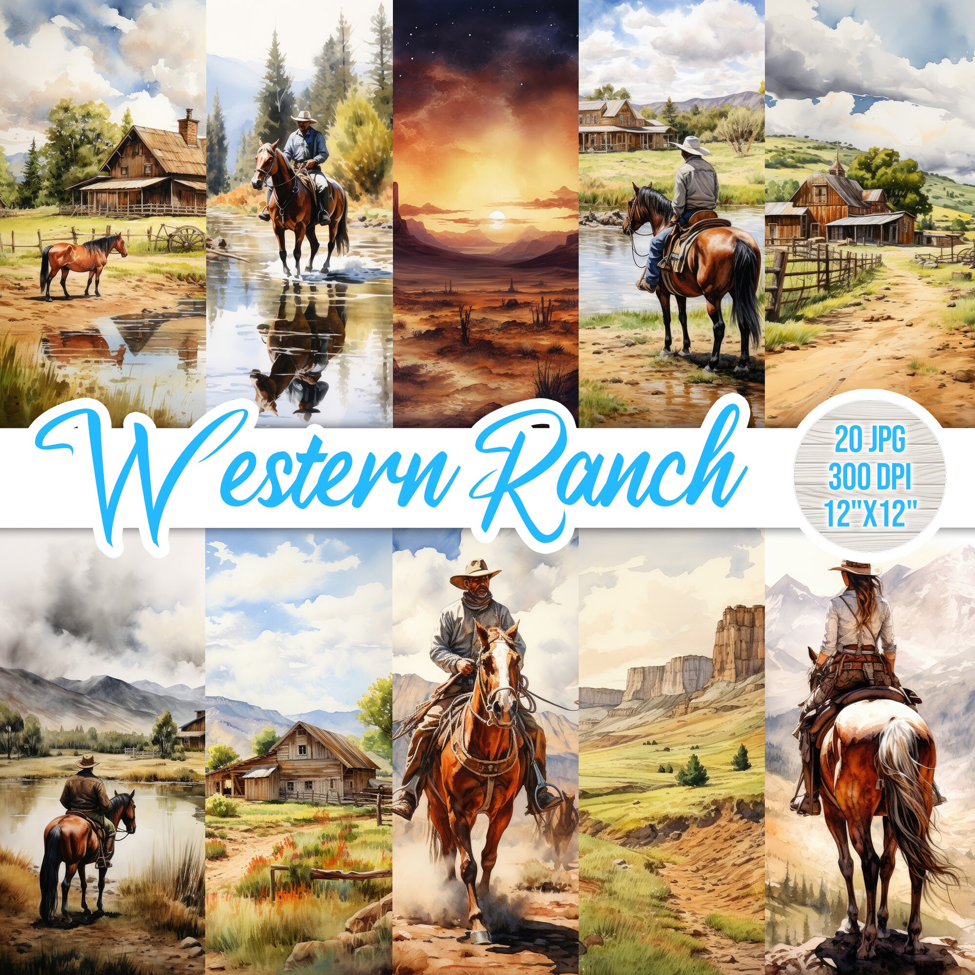 Western Ranching Graphics Watercolor Western Ranch Art, Cowboy Clipart Bundle (digital Download ...