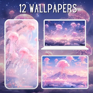 12 Pastell Quallen Wallpaper Bundle, Magischer Wald Wallpaper, Desktop Hintergrund, Telefon Hintergrundbilder, Niedlich, Clipart Bundle